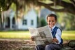 © Markus Schröder - Lifestyle portrait photography of a happy kid male reading the newspaper against a historic plantation background. With generative AI technology