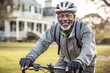 © Markus Schröder - Headshot portrait photography of a glad mature man riding a bike against a historic plantation background. With generative AI technology