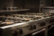 a commercial range with baking trays on each burner, ready for the chef to begin cooking, created with generative ai