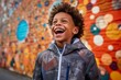 Lifestyle portrait photography of a satisfied kid male laughing against a vibrant street mural background. With generative AI technology