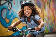 Medium Shot Portrait Photography Of A Grinning Kid Female Riding A Bike Against A Vibrant Street Mural Background. With Generative AI Technology