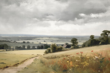 An oil painting of an English countryside view with a cloudy sky and muted green colour tone