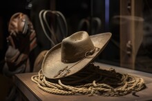 A Cowboy Hat, Rope And Boots Displayed In A Museum Exhibit, Created With Generative Ai
