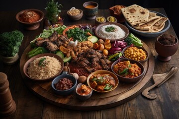 Wall Mural - platter of authentic ethnic food, topped with spin on traditional recipes, created with generative ai