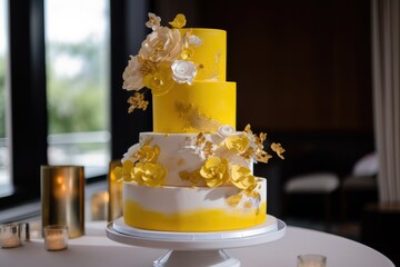 Poster - three-tier cake with bright yellow and gold accents, created with generative ai