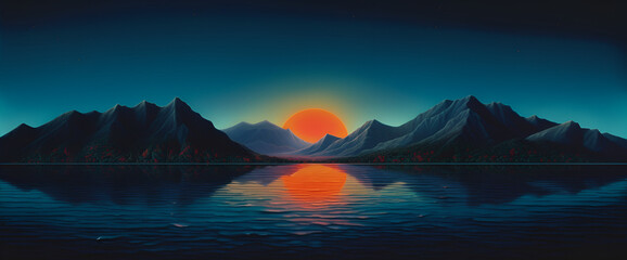 Canvas Print - in the night time, the image shows some mountains and an ocean. Generative AI.