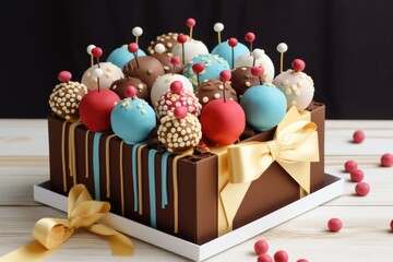 Wall Mural - decorative cake in the shape of a gift box overflowing with cake pops, created with generative ai