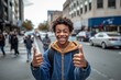 Environmental portrait photography of a joyful boy in his 30s showing ok gesture against a lively downtown street background. With generative AI technology