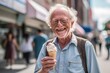 Environmental portrait photography of a satisfied old man eating ice cream against a lively downtown street background. With generative AI technology