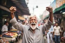 Lifestyle Portrait Photography Of A Satisfied Old Man Celebrating With His Fists Against A Bustling Outdoor Bazaar Background. With Generative AI Technology