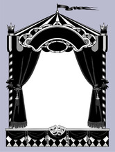 Frame In The Form Of A Puppet Theater Booth With Theatrical Masks, Sign And A Curtain In Black And White Vintage Engraved Drawing Style. Vector Illustration