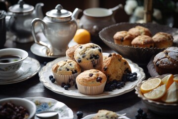 Wall Mural - plate of muffins, scones, and tea snacks with black and white teacups nearby, created with generative ai