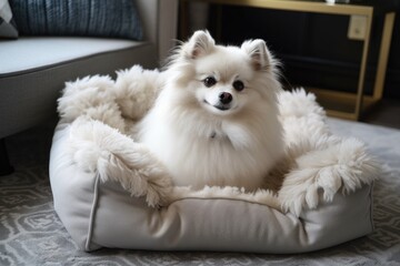 Poster - luxurious pet bed with fluffy pillows and soft blankets, created with generative ai