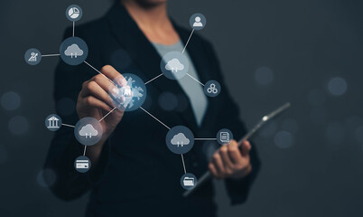 Poster - Digital change management concept versus Ai management system, big data management technology and digital marketing business process building. Transferring customer data with cloud technology