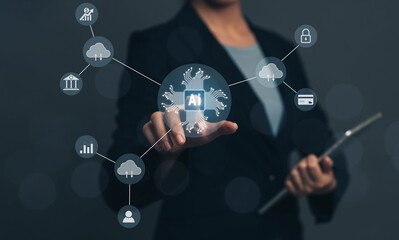 Poster - Digital change management concept versus Ai management system, big data management technology and digital marketing business process building. Transferring customer data with cloud technology