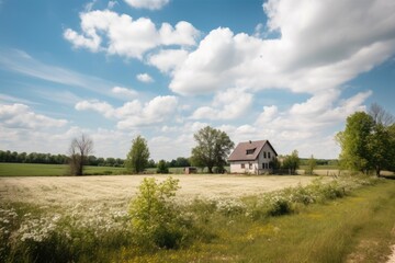 Poster - rural landscape with clear blue skies and puffy clouds, perfect for a warm summer day, created with generative ai