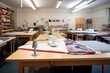 © altitudevisual - sewing studio, with fabrics and tools neatly arranged on tables, created with generative ai