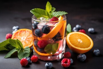 Sticker - refreshing summer drink with ice cubes and fresh fruits, created with generative ai