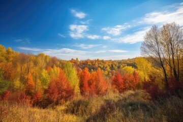 Canvas Print - forest with colorful autumn foliage and vibrant blue sky, created with generative ai