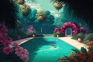 Sticker - swimming pool surrounded by tropical greenery, with palm trees and flowers in the background, created with generative ai