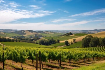 Canvas Print - vineyard surrounded by rolling hills, with picturesque farms and blue skies in the distance, created with generative ai