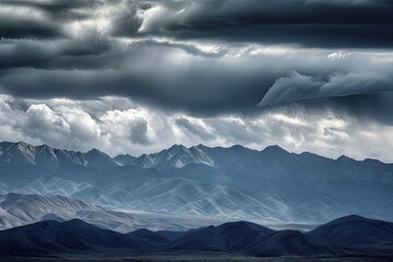 Canvas Print - majestic mountain range, with clouds swirling and storms brewing in the distance, created with generative ai