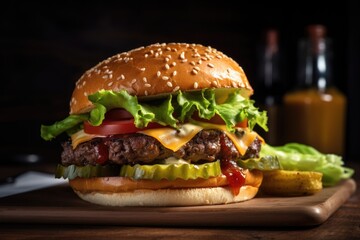 Poster - classic burger, with lettuce, pickles, and ketchup on a toasted bun, created with generative ai