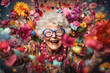 Cheerful, smiling elderly lady with blue glasses and colourful dress celebrating life, surrounded with flowers. Happy grandma. 