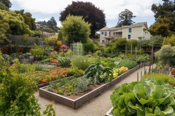 Poster - community garden with vegetable and fruit gardens, bordered by hedges or fences, created with generative ai