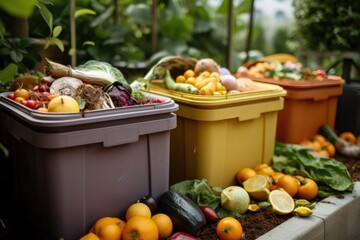 Sticker - a bin with a variety of fruits, vegetables, and other compostable materials, created with generative ai