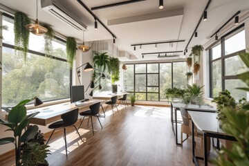 Poster - co-working space with open floor plan, surrounded by natural light and greenery, created with generative ai