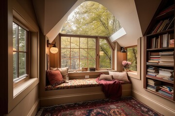 Sticker - cozy reading nook with windows and view of the outside for added vibrancy, created with generative ai