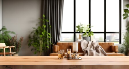 Wall Mural - empty wooden table with blurred cozy apartment interior background, generative ai