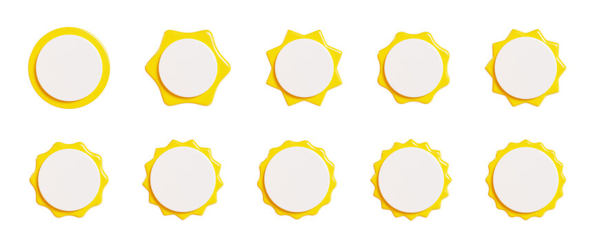 Yellow starburst sticker with white plate 3d render set - collection of round sun burst or star shape badges