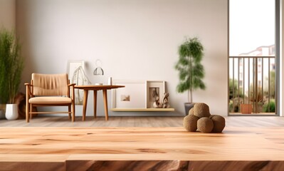 Wall Mural - empty wooden table with blurred modern cozy apartment interior background, generative ai