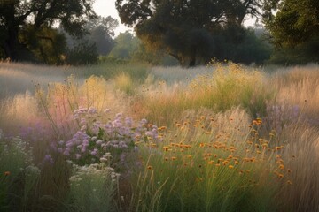 Canvas Print - mass of drought-tolerant and native plants in field of sweeping grasses, created with generative ai