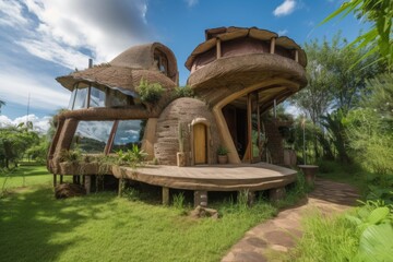 Sticker - unique eco-friendly hotel, with recycled and repurposed materials used throughout the property, created with generative ai