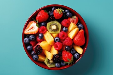 Wall Mural - bowl with fresh fruit and berry salad on a blue background, Generative AI