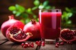 glass of fresh pomegranate juice and pomegranates on a wooden table, Generative AI