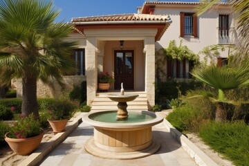 Sticker - mediterrenean villa exterior with front garden and water feature, created with generative ai