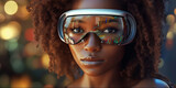 Fototapeta Boho - interracial woman with immersive virtual reality goggles IA generativa