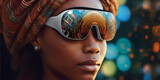 Fototapeta Boho - interracial woman with immersive virtual reality goggles IA generativa