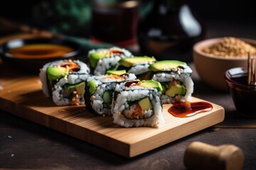 Sticker - sushi roll with avocado and sweet chili sauce, created with generative ai