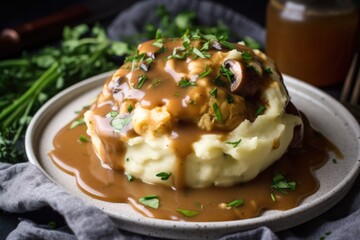Sticker - plant-based and vegan take on classic comfort food, with mashed potatoes and gravy, created with generative ai