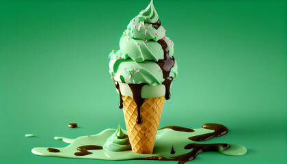 Melting ice cream cone brown background Ai generated image