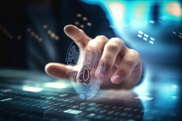 Poster - Businessman touching fingerprint on a touch screen with his finger 3d rendering, A blurred man holding his thumb on the screen and hologram, AI Generated