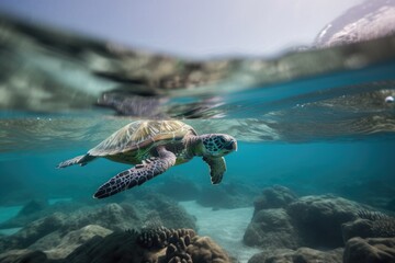 Wall Mural - sea turtle swimming in crystal-clear ocean, its flippers moving it through the water, created with generative ai