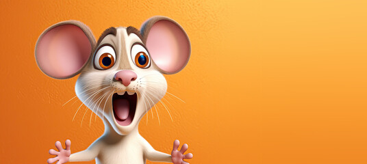 Wall Mural - Cute Cartoon Surprised Mouse on a Orange Background with Space for Copy. Generative AI