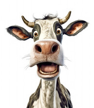 A Surprised Cow With Its Mouth Open Looks At Camera, White Background In The Style Of A 3d Character Rendering Concept. Generative Ai.