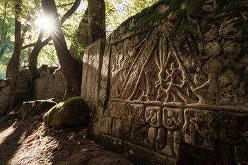 Sticker - close-up of intricate carvings on ancient stone, with sunlight filtering through the trees, created with generative ai